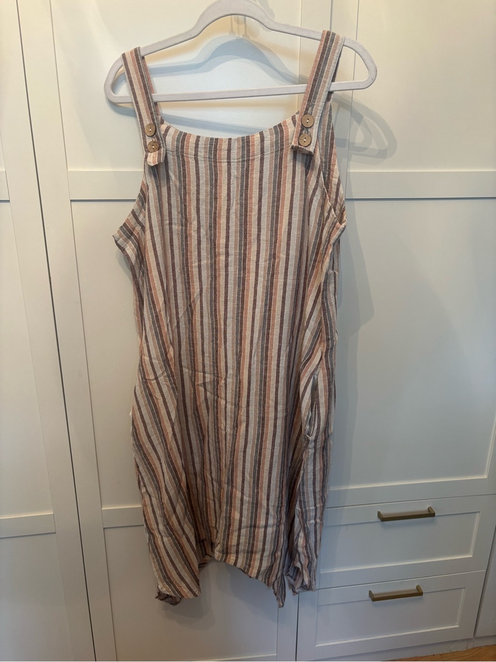 CHARLIE B Striped Sleeveless Midi Jumper Dress in Beige & Rust